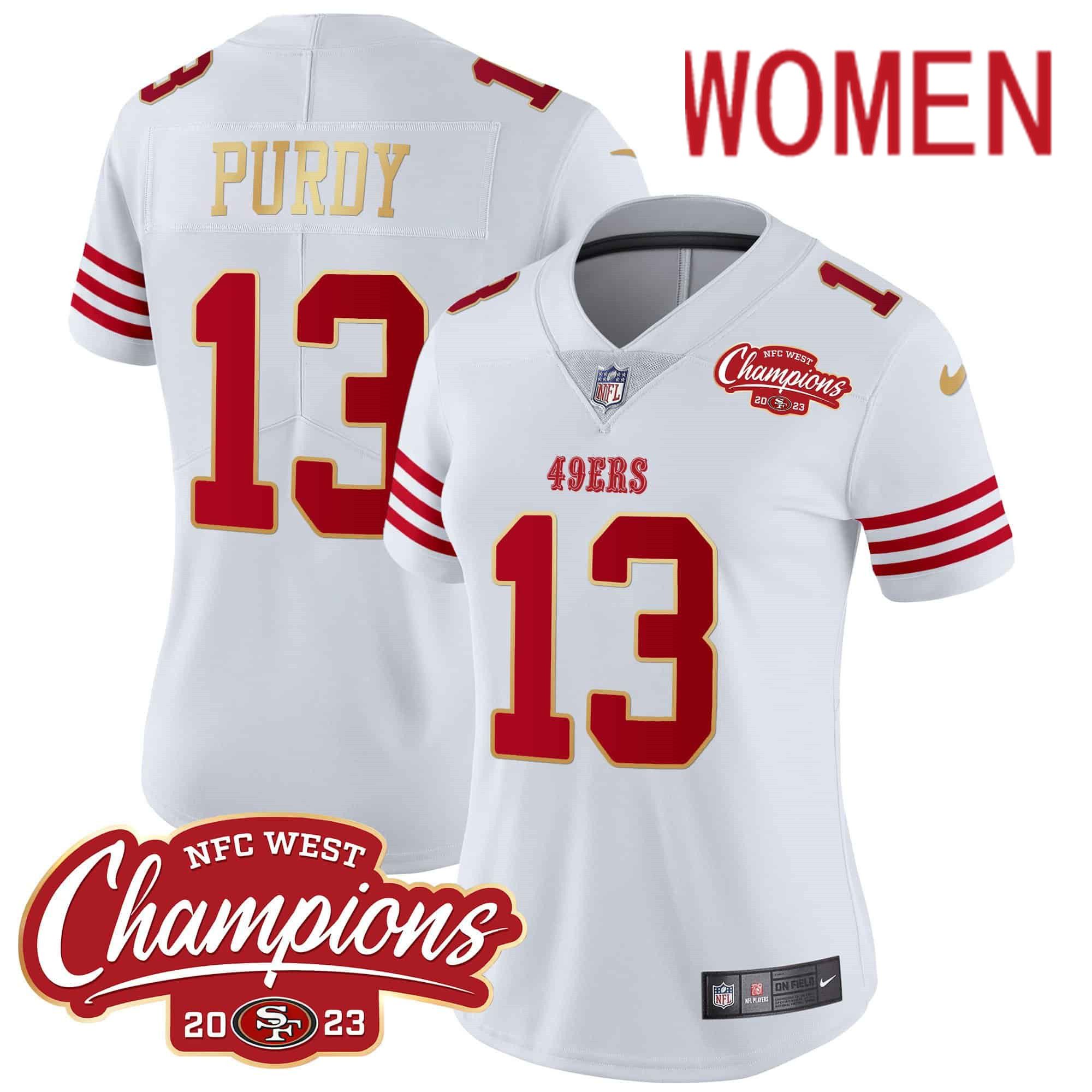 Women San Francisco 49ers 13 Purdy White 2024 Nike NFC West Champions Gold Trim Vapor NFL Jersey